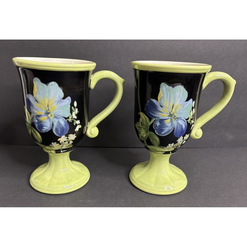 2 Certified International Tropique Mugs Coffee Pedestal 6 7/8" Black Blue Floral